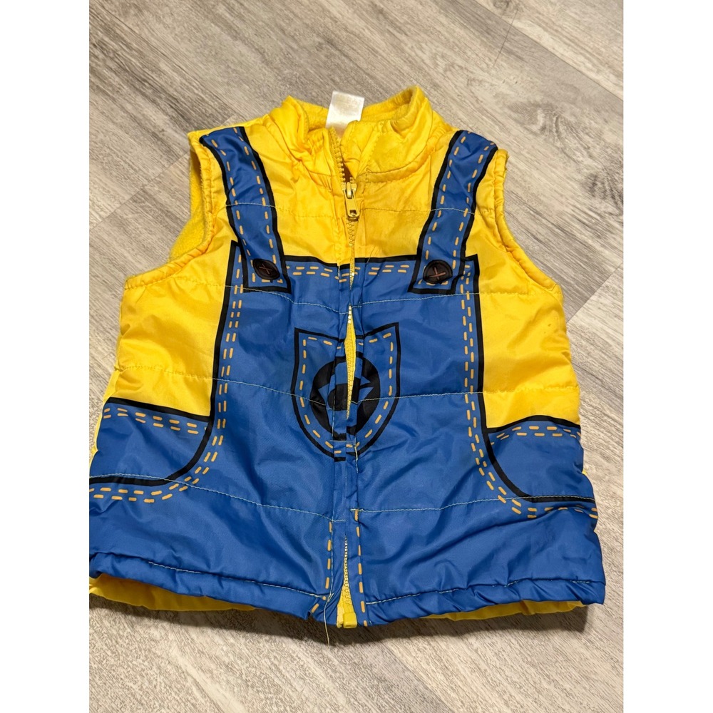 Minions Despicable Me Puffer Vest Kids Yellow Blue Denim Overalls Print Zip Up